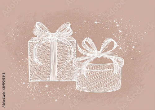 White sketch gift boxes with bows on dusty pink background.