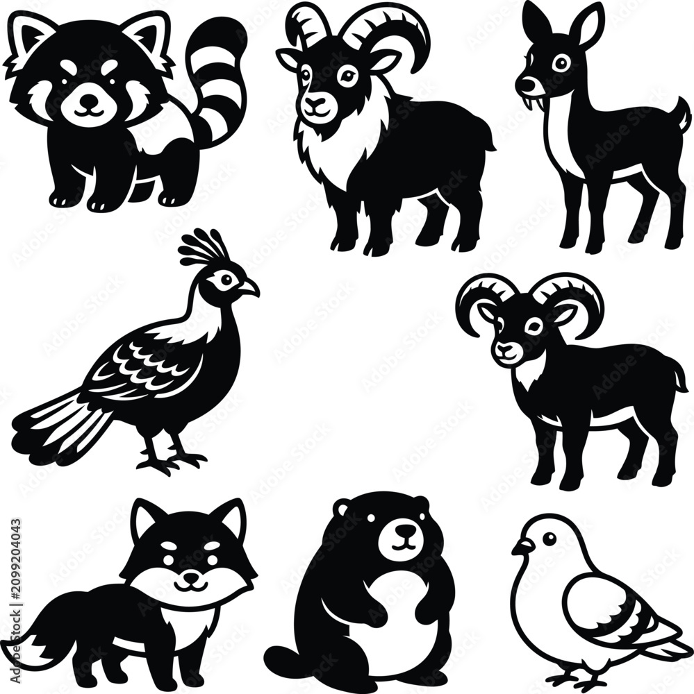 Εκτύπωση καμβά A comprehensive selection of various cute wild animals illustrated in a flat black and white approach