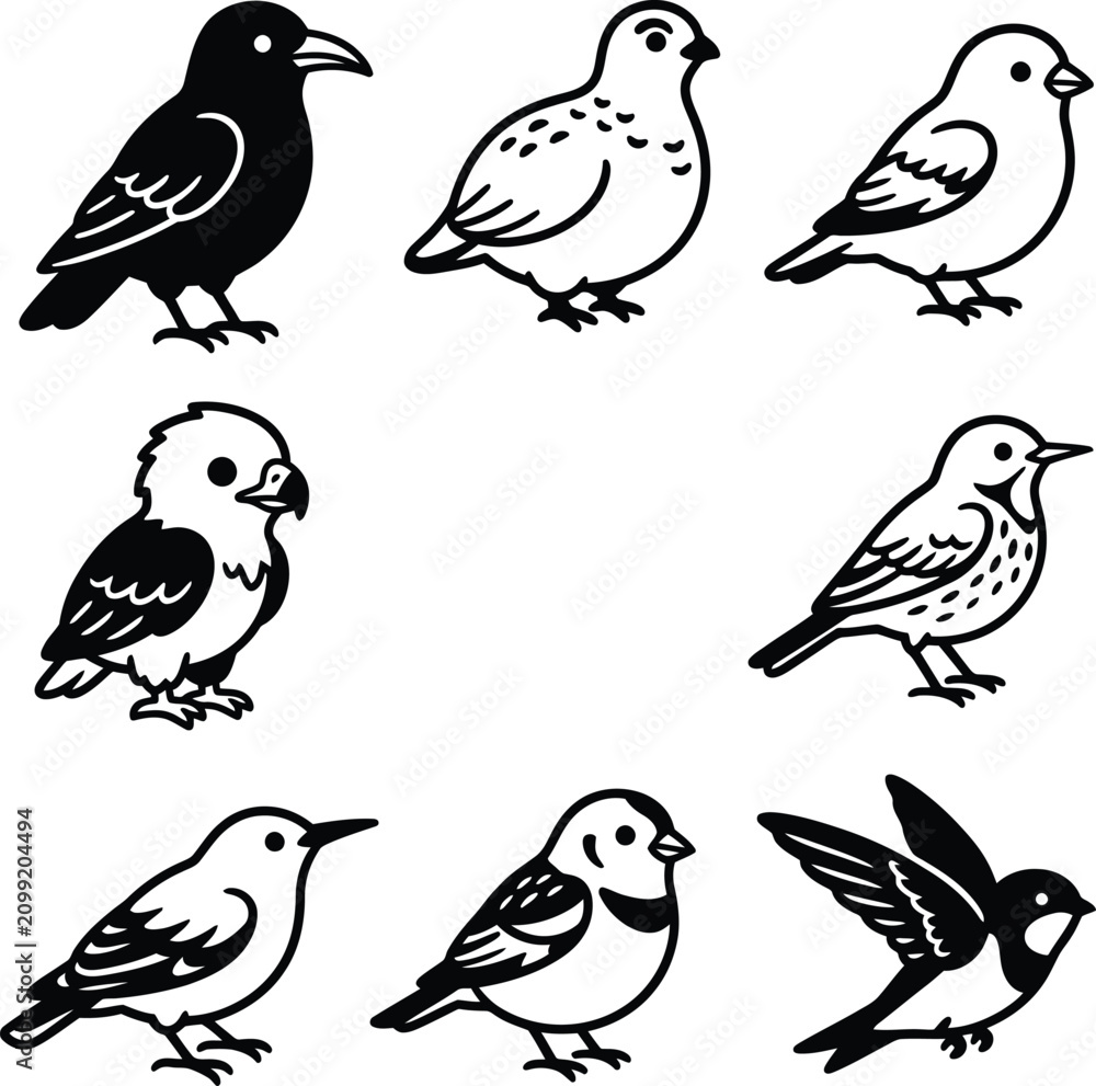 Fototapeta premium A assortment of cute hand-drawn bird icons displayed in a grid for innovative structure projects.