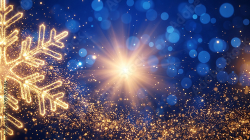 Snowflake and sparkling lights on blue background for winter season  