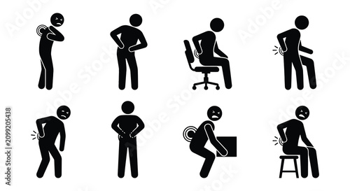 Obraz na płótnie Stick figure silhouettes depicting various body pains black on white