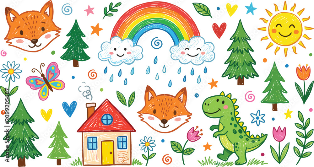 Fototapeta premium Kids Crayon Forest Set with Fox House Rainbow Cloud Pine Tree Dinosaur Butterfly Flower Vector Illustration Collection
