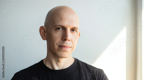 A confident man with a bald head, posing in a bright setting, conveying a sense of calm and professionalism.