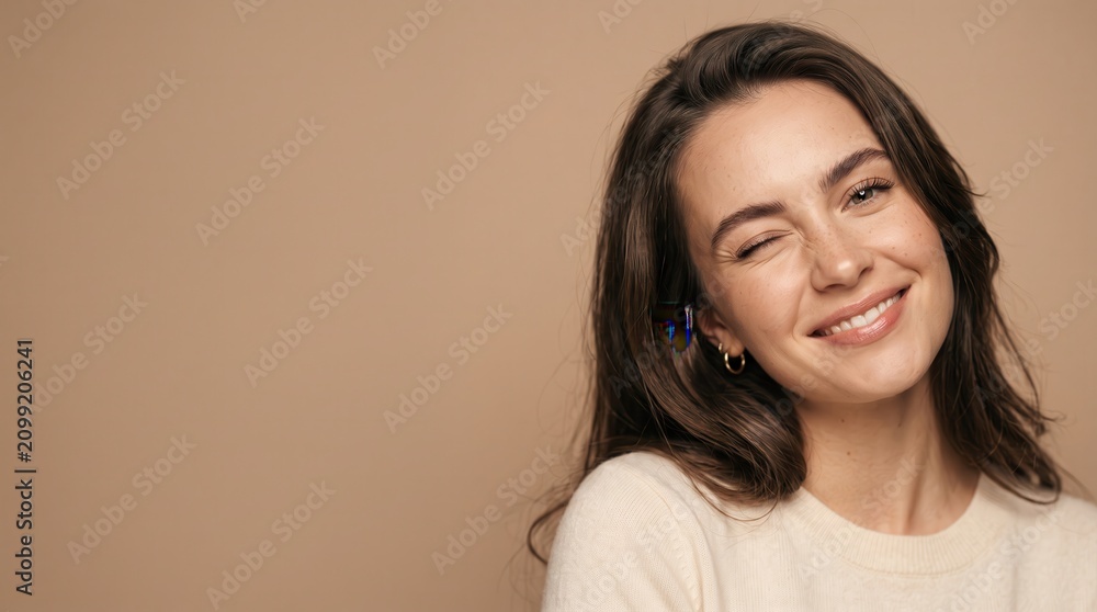 Fototapeta premium Beautiful Young Woman Winking Close Up Portrait with Romantic Smile and Copy Space for Beauty Advertising