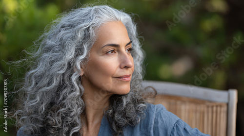 A contemplative woman with curly gray hair sits peacefully outdoors, embodying serenity and wisdom in a natural setting.