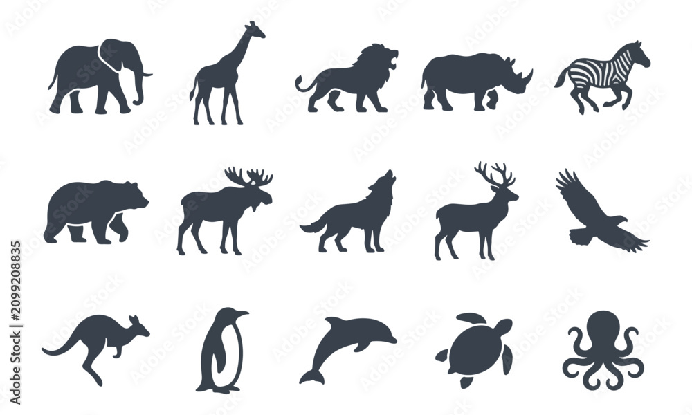 Fototapeta premium Wild animal silhouette icons set on white background