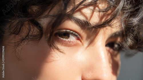 A close-up of a person's eye with soft curls framing their face, capturing emotion and beauty in natural light.