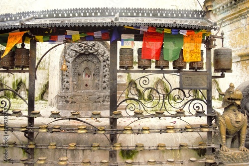 Konstfotografi Buddhist prayer wheels at Swayambhunath Temple in Kathmandu, Nepal