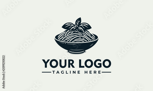Tableau sur toile Minimalist Italian Pasta Bowl Logo Illustration with Fresh Basil Leaf Topping fo