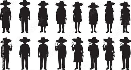 Silhouettes of children and adults in hats holding magnifying glasses against a white background