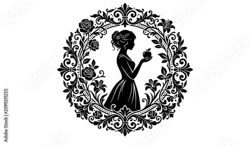 Cuadro en lienzo Elegant Woman Silhouette Profile Holding an Apple Inside an Ornate Floral Vignet