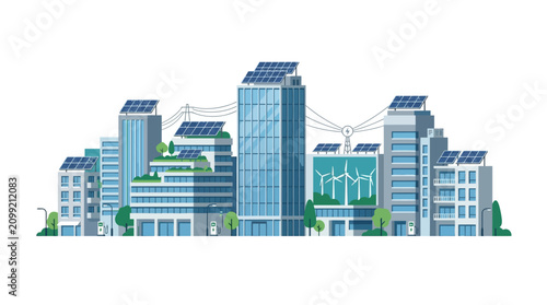 Eco-friendly city skyline with solar panels and wind turbines on buildings