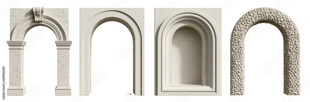 Fototapeta premium Set of decorative arch shapes in plaster on transparent background