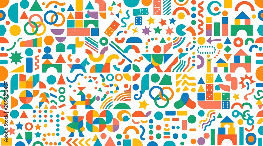 Colorful geometric pattern background with abstract shapes and children toys