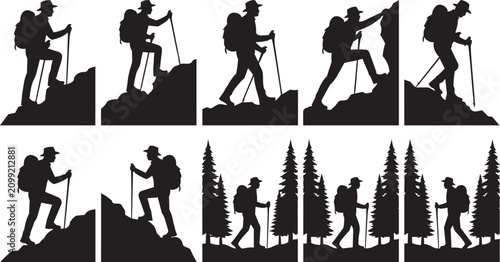Cuadro en lienzo Silhouette hikers with trekking poles ascend rocky mountains and evergreen fores