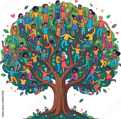 Photography Vibrant vector illustration featuring a diverse group of happy people climbing a