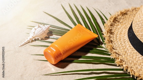 Bright orange sunscreen bottle surrounded by tropical leaves and woven straw hat on light surface