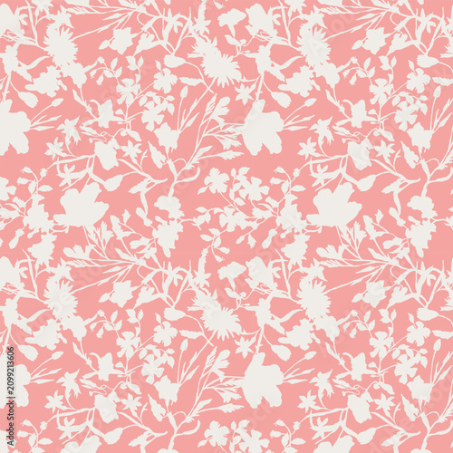 Hand Drawn Botanical Floral Seamless Pattern Vector with White Wildflowers on Soft Coral Pink Background for Textile Fabric, Wallpaper and Surface Design