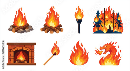 Cuadro en lienzo Fire And Flames Collection Vector Illustration On White Background