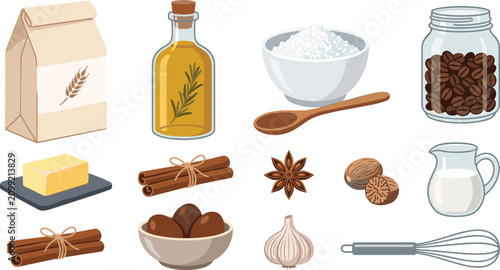 Foto Baking and Cooking Ingredients Collection with Flour Olive Oil Sugar Coffee Butt
