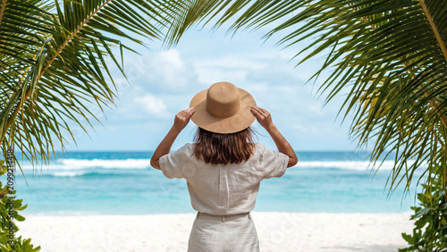 Woman in Sun Hat Enjoying Tropical Beach Paradise. Viewed from Behind.