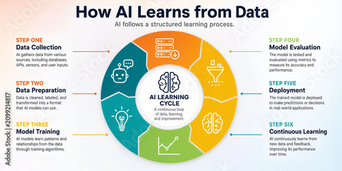 Educational vector infographic explaining the AI learning cycle and how artificial intelligence learns from data in six steps