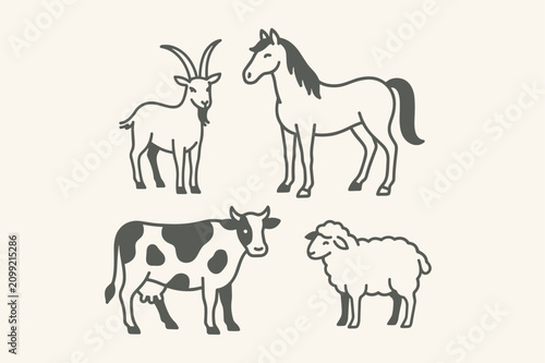 Schilderij op canvas Set of farm animal line including a goat, horse, cow, and sheep
