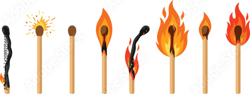 Принти на полотні Burning matchstick vector illustration set showing different stages from unused wooden match ignition blazing fire flame to charcoal burnt ash remains