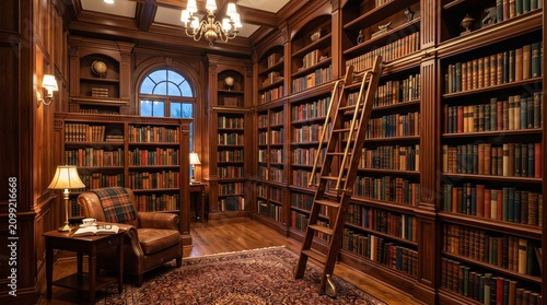 Elegant wooden ladder leaning against tall built-in bookshelves in a classic home library, featuring warm ambient lighting, rich wood textures, and a cozy reading atmosphere.