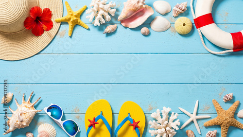 Flat lay with Straw Hat, Flip Flops and Seashells on Blue Wooden Background. Summer Beach Concept.