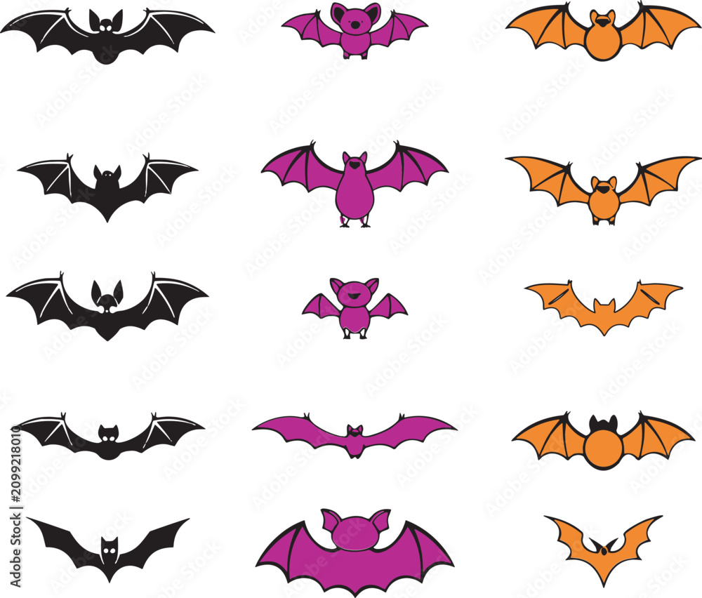 Fototapeta premium Halloween Bat Clipart Bundle, Cute Bat Character Collection, Spooky Flying Bat Vector Illustration Set