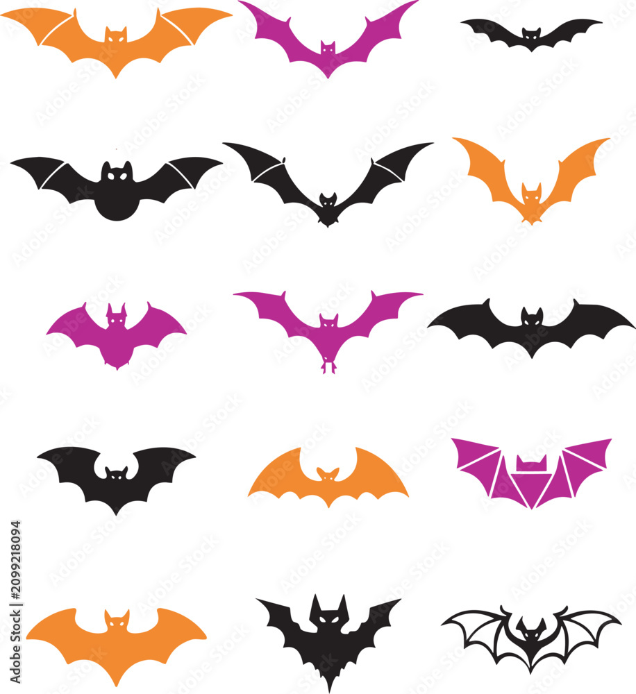 Obraz premium Halloween Bat Silhouette Clipart Bundle, Spooky Bat Vector Collection, Black Orange Purple Bat Shape Illustration Set