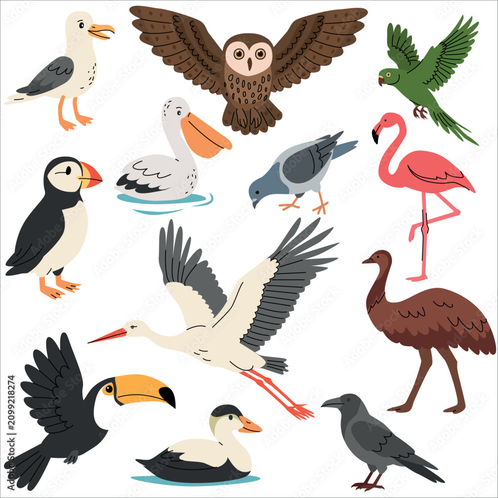 Obraz premium Flat vector illustration of various wild animals and birds, including an owl, falcon, flamingo, and toucan, on a white background. Vector illustration