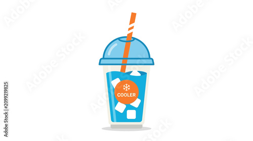 Photos Refreshing blue cooler drink with ice cubes and straw, isolated on white backgro