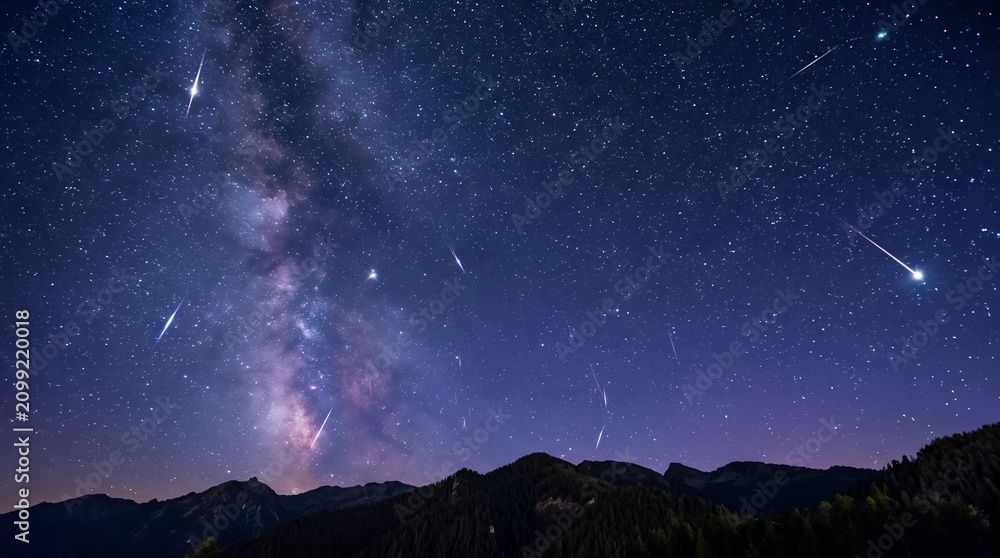 Fototapeta premium Milky Way galaxy and meteor shower over a dark mountain forest at night