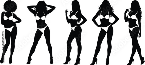 Black silhouette of five women in various poses standing walking d