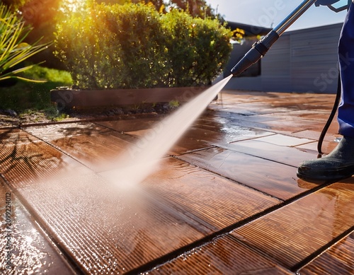 power washing patio removing stubborn mud and grime from outdoor tiles high pressure stream cleans surface efficiently