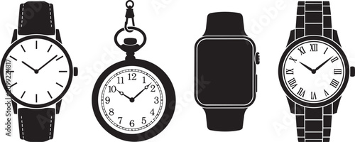 Photos Diverse timepiece silhouettes against a white background representing time manag