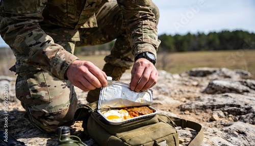 Unidentified person in camouflage uniform prepare ready-to-eat meal outdoors, focusing on hands opening a foil container with food in a natural, rugged environment