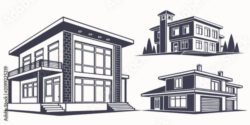 Bild auf Leinwand Set of ten black and white line of smart home buildings with windows and doors l