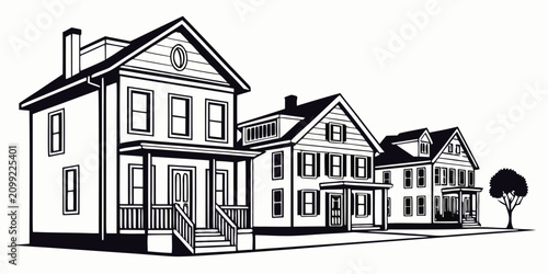 Foto Set of five townhouse silhouettes, black and white, residential architecture, is