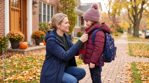A mother looks lovingly at her young daughter while adjusting her winter clothes on a golden autumn sidewalk.