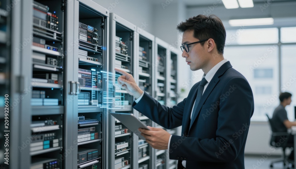 Fototapeta premium Professional it technician managing server infrastructure with digital interface in modern data center