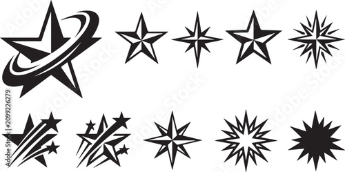 Black star collection diverse designs for graphic projects and celestial themes