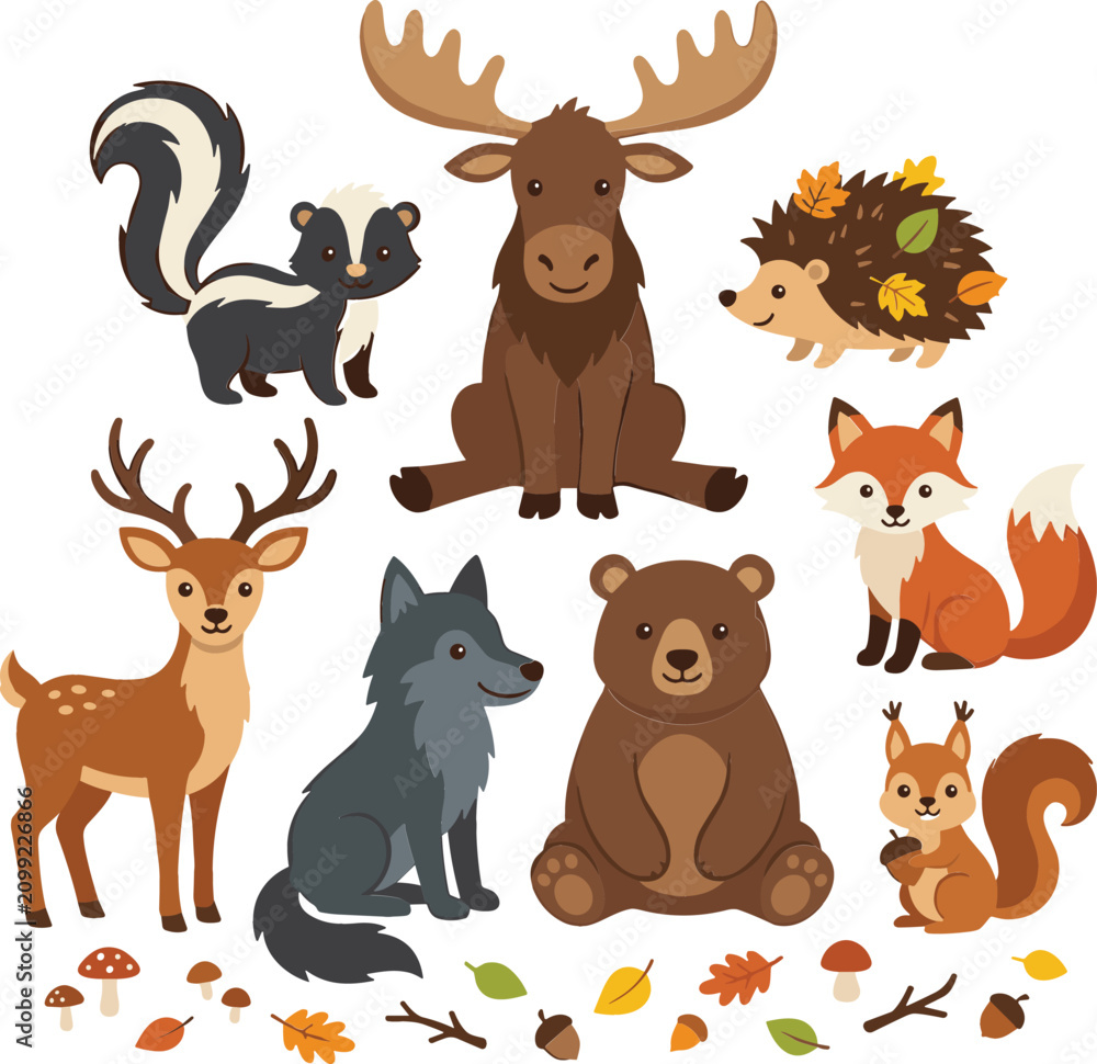 Obraz premium Cute woodland animals collection featuring moose, bear, fox, deer, wolf, skunk, hedgehog, and squirrel isolated on white background flat vector illustration.