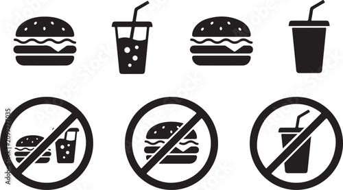 No food or drinks allowed icons burger and beverage prohibition symbols
