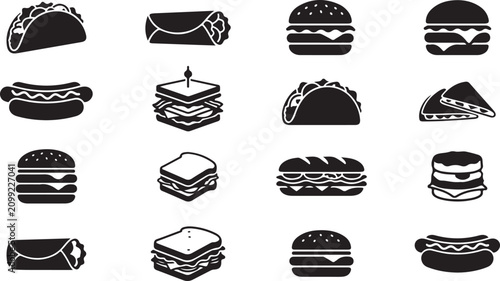 Fast food icons collection burgers tacos sandwiches and hot dogs