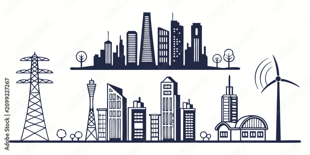 Obraz premium Black and white of smart electric city skyline with iconic landmarks and power lines electricity towers