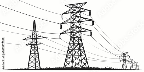 Black and white of electricity transmission towers with power lines utility pole voltage tower