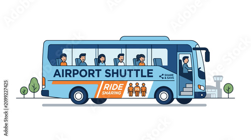 Airport Shuttle Bus with Passengers, Ride Sharing Concept